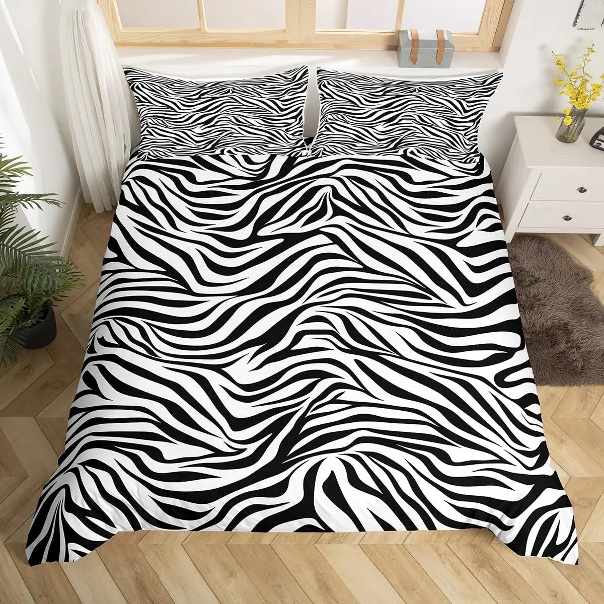 Black White Zebra Skin Bedding Set,Wild Animals Comforter Cover Set Women Room Decor,Zebra Stripes Duvet Cover Breathable Zoo Animal Fur Bedspread Cover (No Comforter)