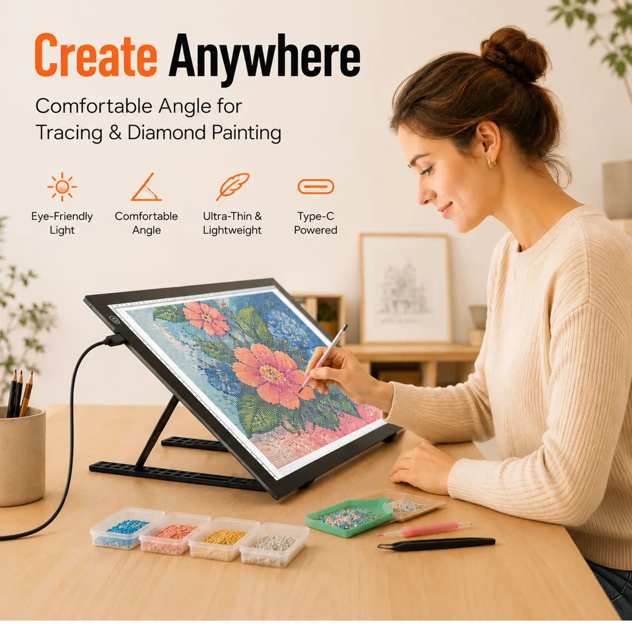 A3 LED Light Pad with Adjustable Portable Stand, USB Powered, 4 Clips for Art, Writing, DIY Crafts (A3+4Clips+1Stand)