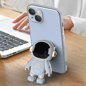 3D Astronaut Phone Case Anti-Drop Electroplating Bracket for iPhone Models - Light Cyan Purple Pink Gray Black White TPU Cartoon Back Cover