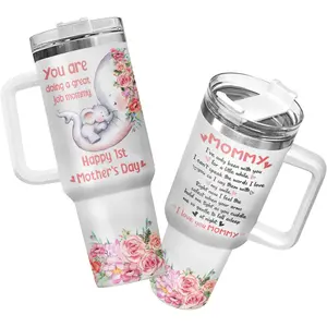 Happy 1st Mother's Day 40oz Tumbler With Handle, First Time Mom Elephant Gift, Stainless Steel Vacuum Insulated Travel Mug, New Mommy Birthday Present