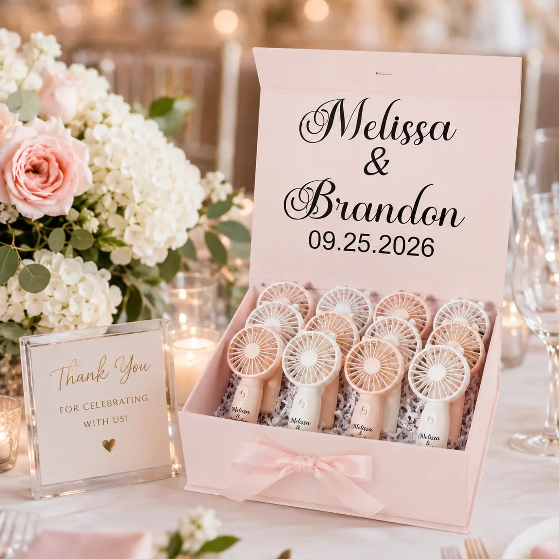 Set of 12 Personalized Mini Handheld Fans, Wedding Favors