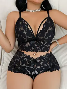 Plus Size Lingerie for Women 2-Piece Floral Lace Set Strappy Cutout Bralette High Waisted Panty Shorts Sexy Curvy Sleepwear Spring Bridal Bachelorette Honeymoon Date Night Romantic Anniversary Outfit 1XL 4XL Black Emerald White