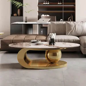 Gold Metal Coffee Table with Stainless Steel Pedestal and Faux Marble Top