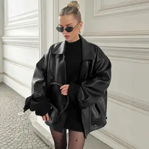 Women’s winter vintage brown leather jacket, premium loose fit with a lapel collar, new leather jacket GARMENTARY