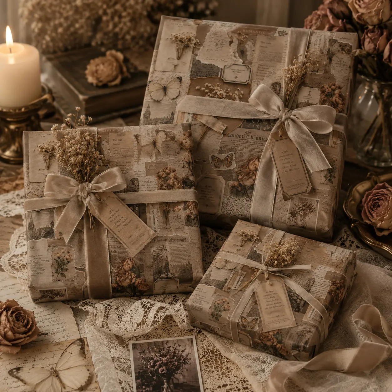 Vintage Scrapbook Gift Wrapping Paper Sheet - Retro Floral Butterfly Collage Brown Kraft Wrapping Paper for Birthday Anniversary Crafts