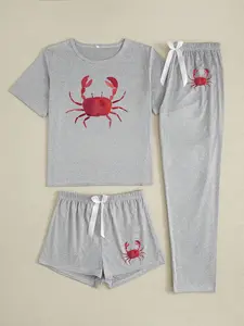 Women's Cartoon Crab Print Sleepwear Set, Loose-Fitting Casual Pajamas, Three-Piece Nightwear for All Seasons, Comfortable Home Wear, Loungewear