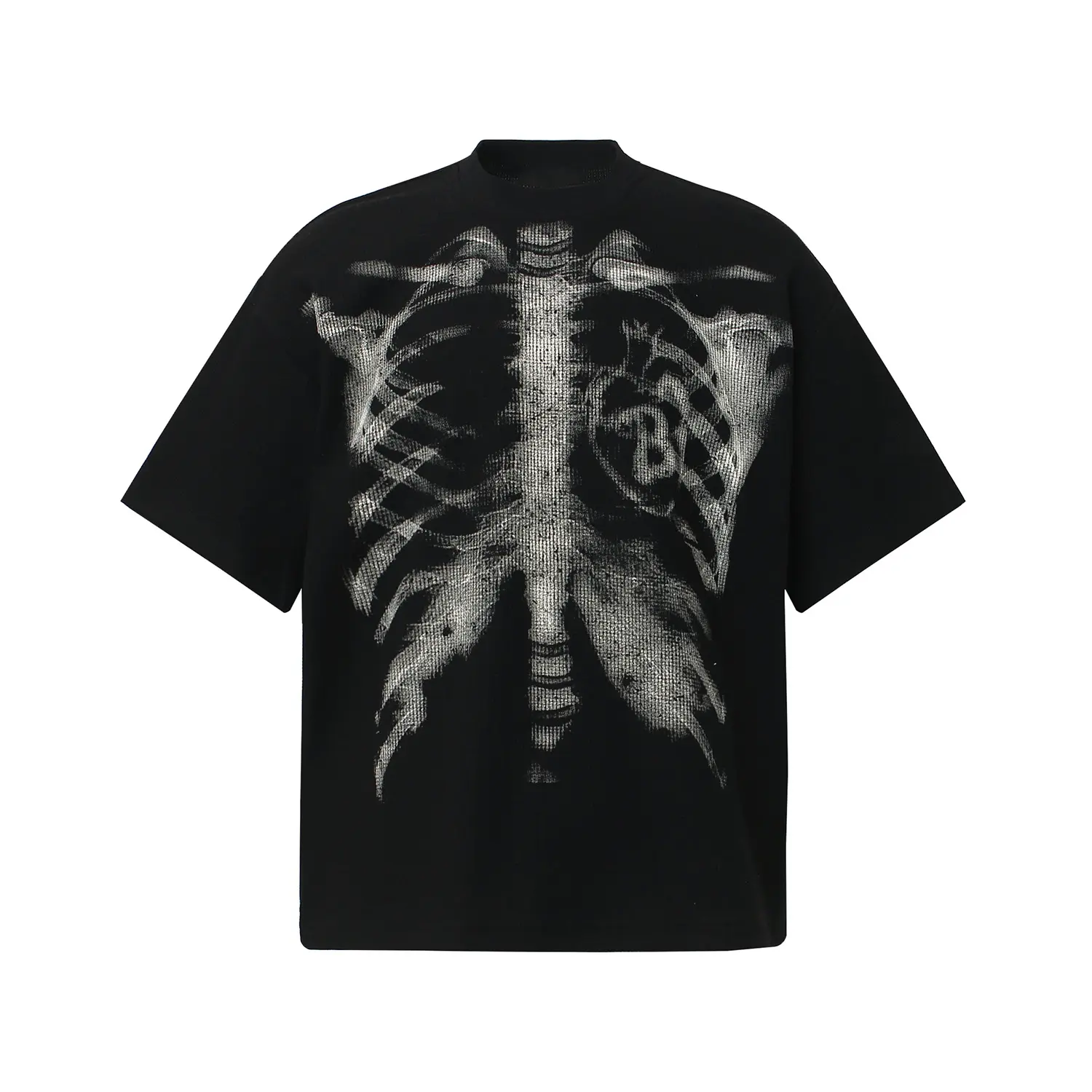 inflation Men's Fashion Baggy Waffle Knit T-Shirt, Street Style Basic Knitwear with Skeleton Rib Cage Graphic, Casual Loose-Fit Short-Sleeve Menswear Top, Tshirt