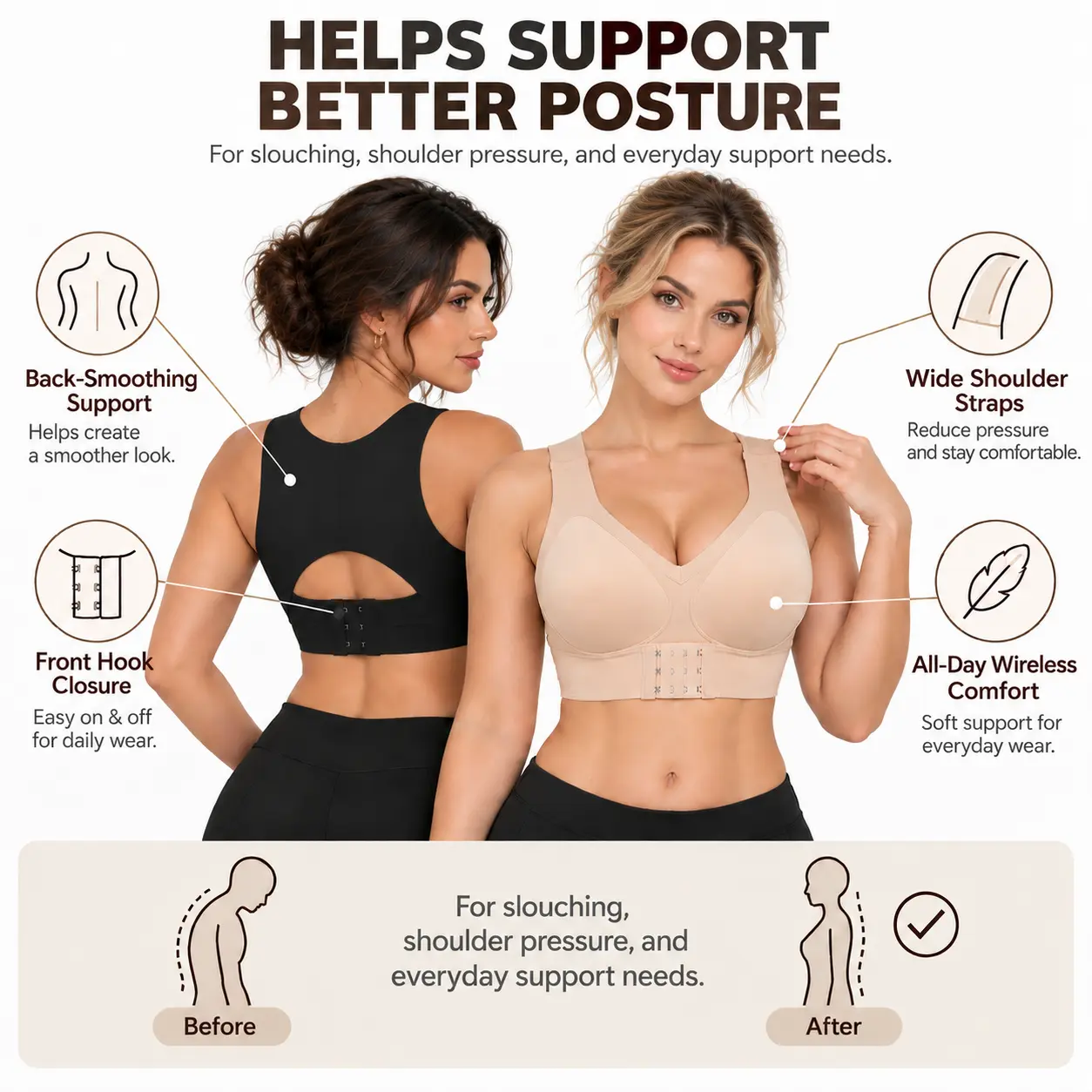 EssElegance Women's Back Smoothing Wireless Posture Bra Front & Back Hook Closure Wide Adjustable Straps Ribbed Comfort Bralette Built In Removable Pads Everyday Full Coverage Lift Nude