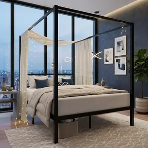 Four Post Black Metal Canopy Bed Frame, Twin Full Queen King Size Platform Bed With Metal Slats Support, Noise Free Mattress Foundation No Box Spring Needed, Easy Assembly Modern Bedroom Home Decor Furniture
