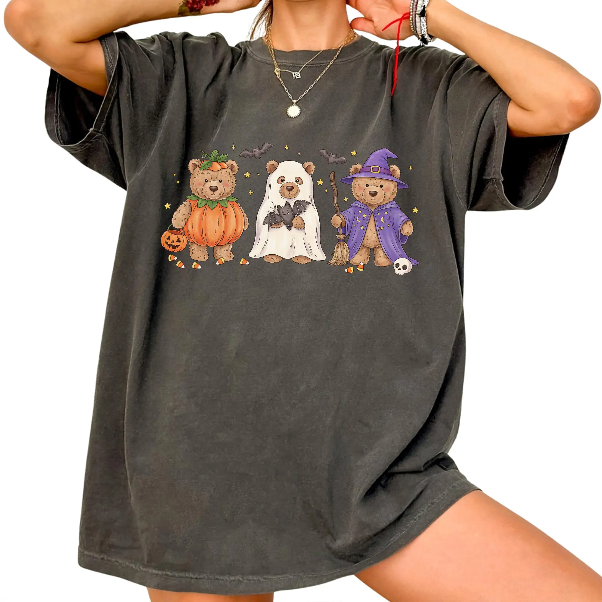 Vintage Halloween Bear Tee, Cute Ghost Pumpkin Witch Graphic Tee, Spooky Season Shirt, Fall Trick or Treat Outfit, Gift for Men, Gift for Women