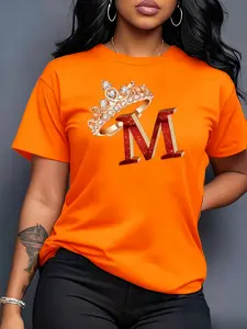 100% Pure Cotton Women's Casual Short Sleeve T-Shirt, Crown and Ring Print, Red 'M' Design, Medium Stretch Crew Neck Top, Machine Washable, Comfortable for All Seasons