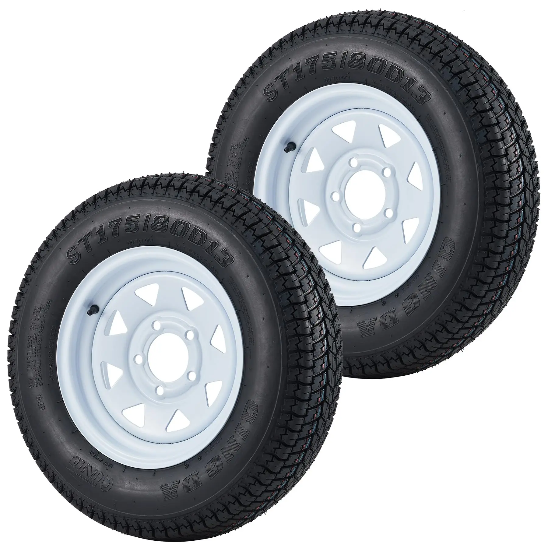 ST175/80D13 Pre-Assembled Trailer Tire-Rim Assemblies (2 Pack, 13"x5" Rims), 5 Lug on 4.5" Hub, DOT Approved, 1360lb Load, Variable Pitch Quiet Tread, Ready for Campers & Transportation Use, Landscaping