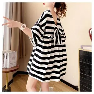 Street Casual Bow Patchwork T Shirt Dress Summer New Short Sleeve V Neck Loose Trend Mini Dress Fashion Sweet Women Clothing