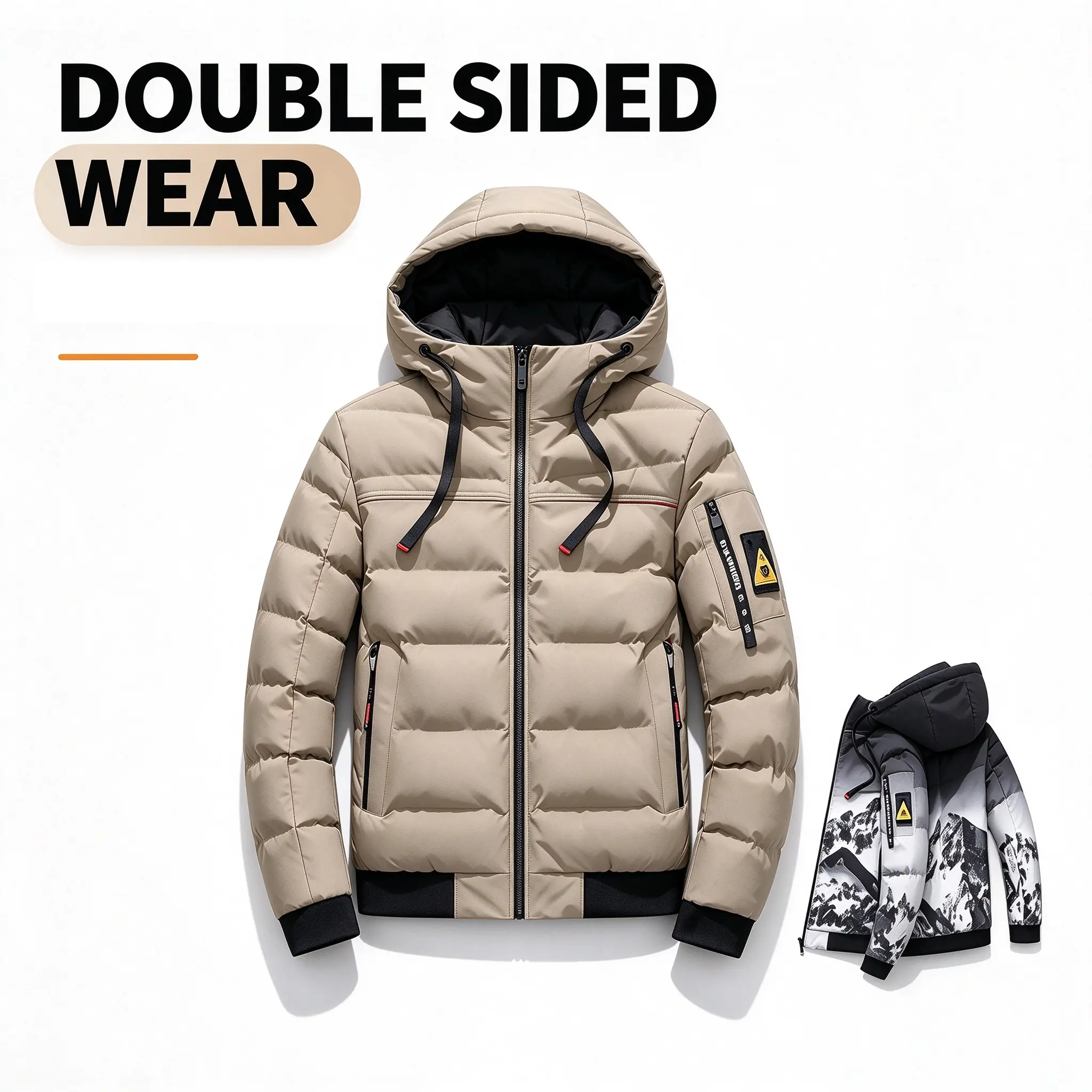 Men’s reversible puffer jacket, double-sided wear, 2-in-1 winter warm hooded padded coat, casual windproof outdoor jacket for men