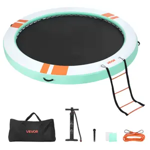 12 FT Round Shape PVC Fabric Inflatable Floating Dock Platform, Non-Slip Water Mat with Portable Carry Handle Bag, Detachable Ladder Set, Floating Island Raft for Pool, Beach