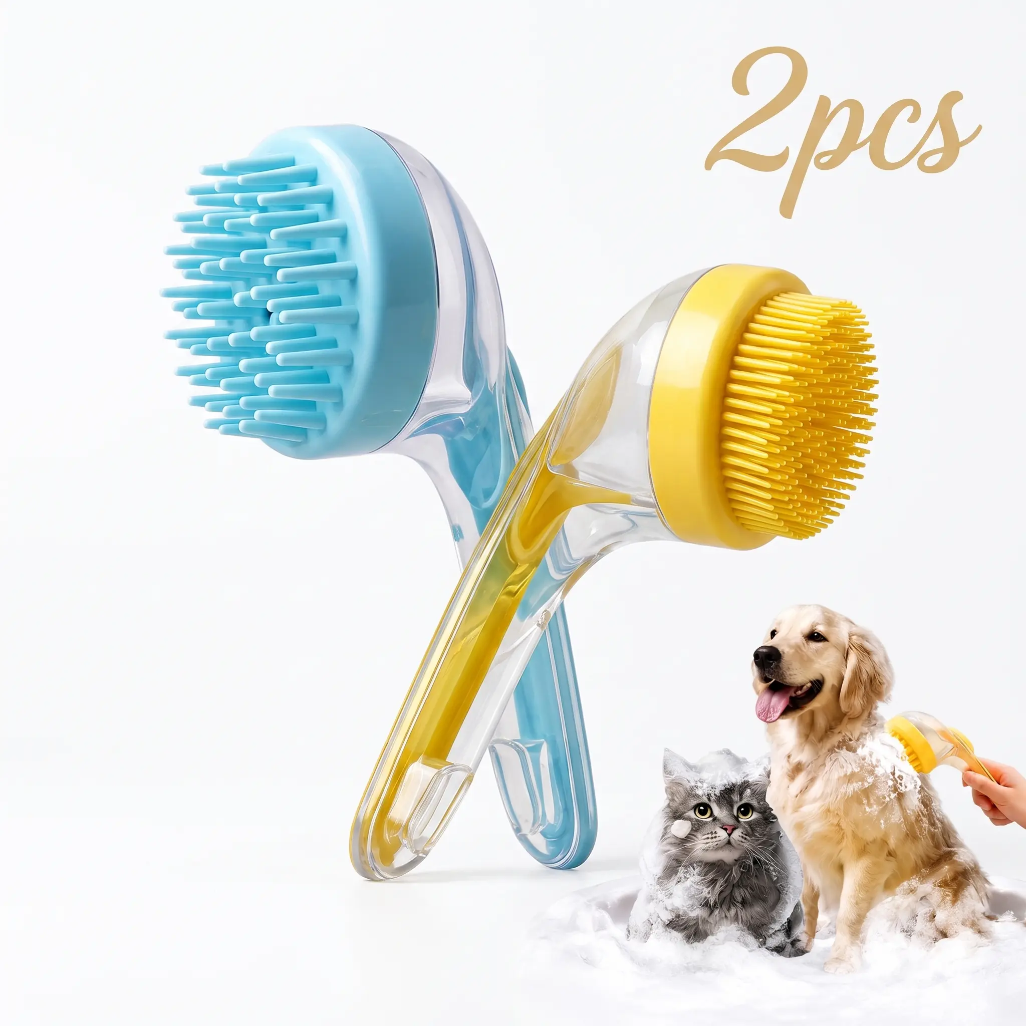 2 Pcs Pet Bath Brush with Shampoo Dispenser for Cat Dog, 2-in-1 Wet & Dry Dual-Use Silicone Scrubber Set for All Big & Small Pets, Blue Thick & Yellow Thin Bristles for Different Coat Types