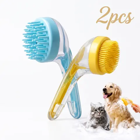 Pet Bath Brush Set, 2-Piece Plastic Grooming Tool with Shampoo Dispenser - Non-Slip Soft Texture Handle, 2-in-1 Wet/Dry Silicone Scrubber, Thick & Thin Bristles, Universal for All Dog Sizes & Coats, Deep Cleaning & Daily Maintenance