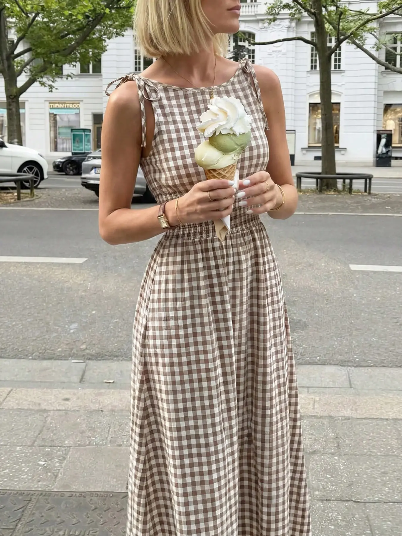 Women's Boho Style Plaid Long Dress, Casual Bohemian Sleeveless Flowy Hem, Elegant Summer, Lightweight, Perfect for Casual Wear, Comfortable & Stylish Design, Bohemian Chic Dress