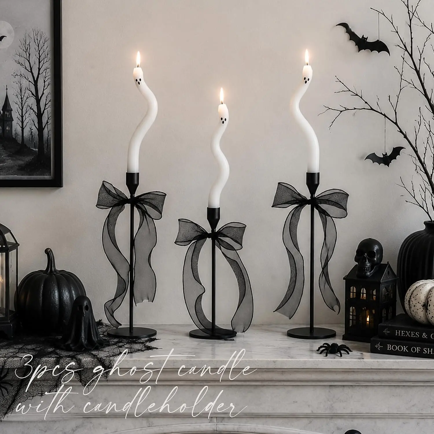 Halloween Decorations indoor-3Pcs Twisting Ghost Candles Decor with Candle Holders,Ribbons,Vintage Candlestick Holders Decoration,Halloween centerpieces for Party Table Fireplace Decorations
