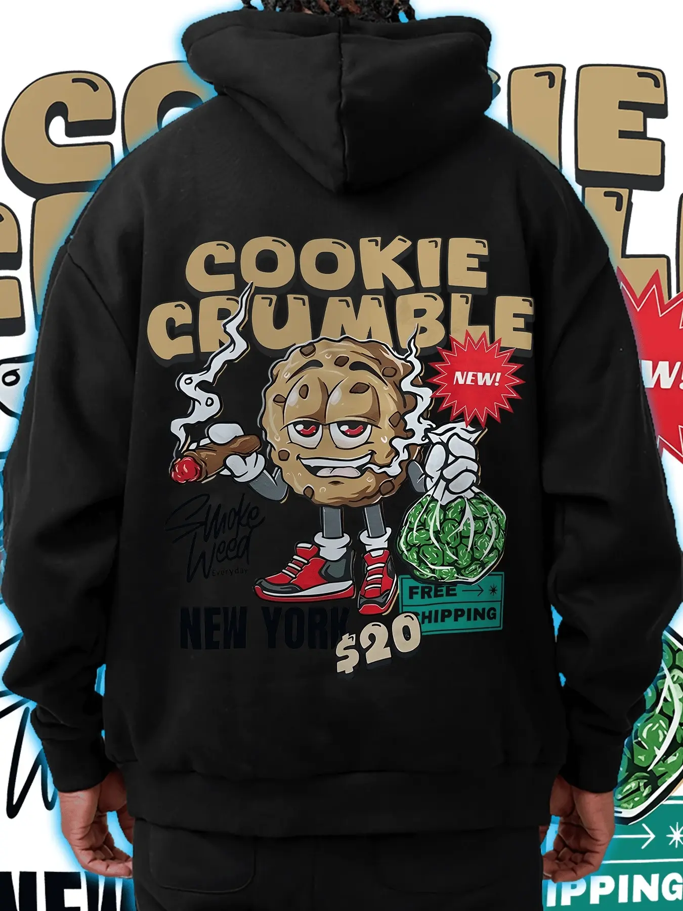 Men's Plus Size Cookie Geometric Print Long Sleeve Hoodie, Print Hooded Sweatshirt, Casual Daily Wear, Comfortable Loose Fit, Fashionable Sweatshirt for Men, Cookie Design Hoodie