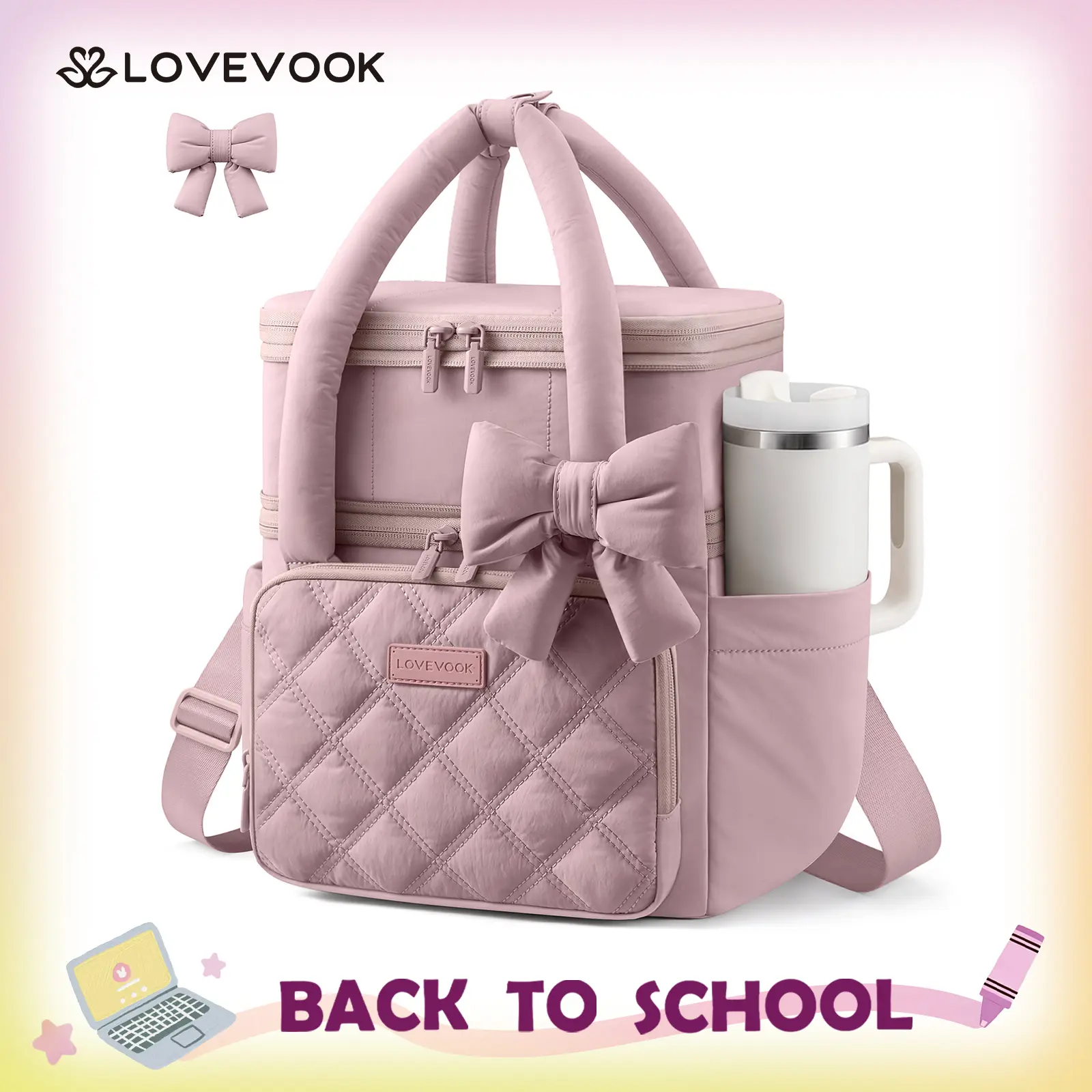 LOVEVOOK Insulated Lunch Bag Women,Expandable Double Deck Adult Lunch Box Women with Cup Holder,Bow Quilted Puffer Lunch Tote,Large Leakproof Collapsible Cooler Bag for Work College Picnic Meal Prep