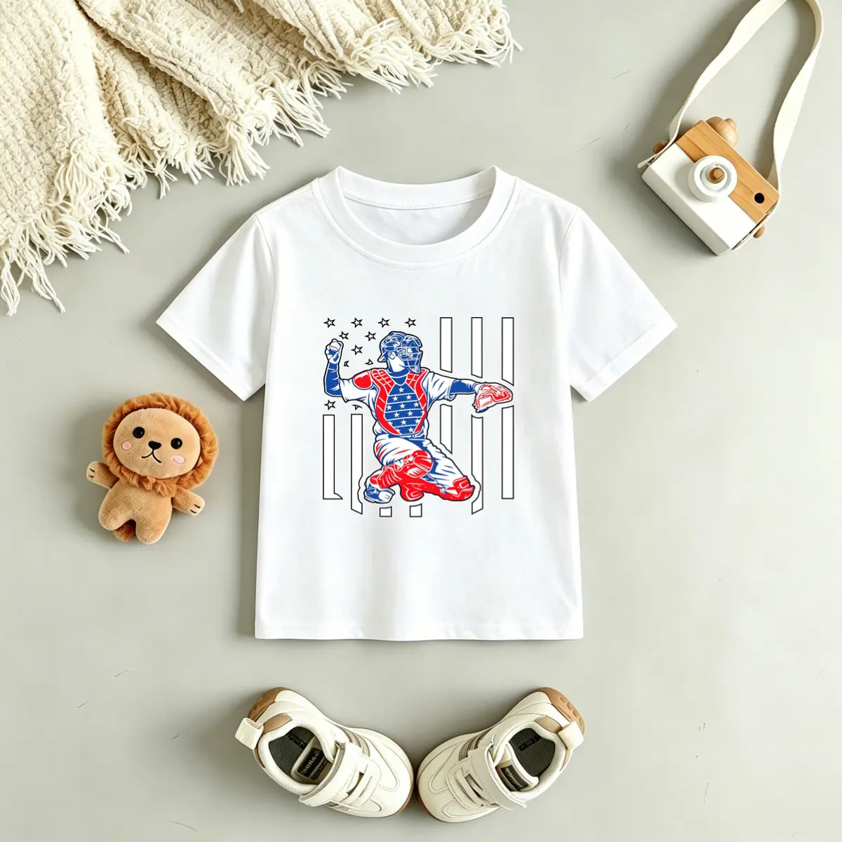 Boys' Patriotic Baseball Catcher Graphic Cotton T-Shirt