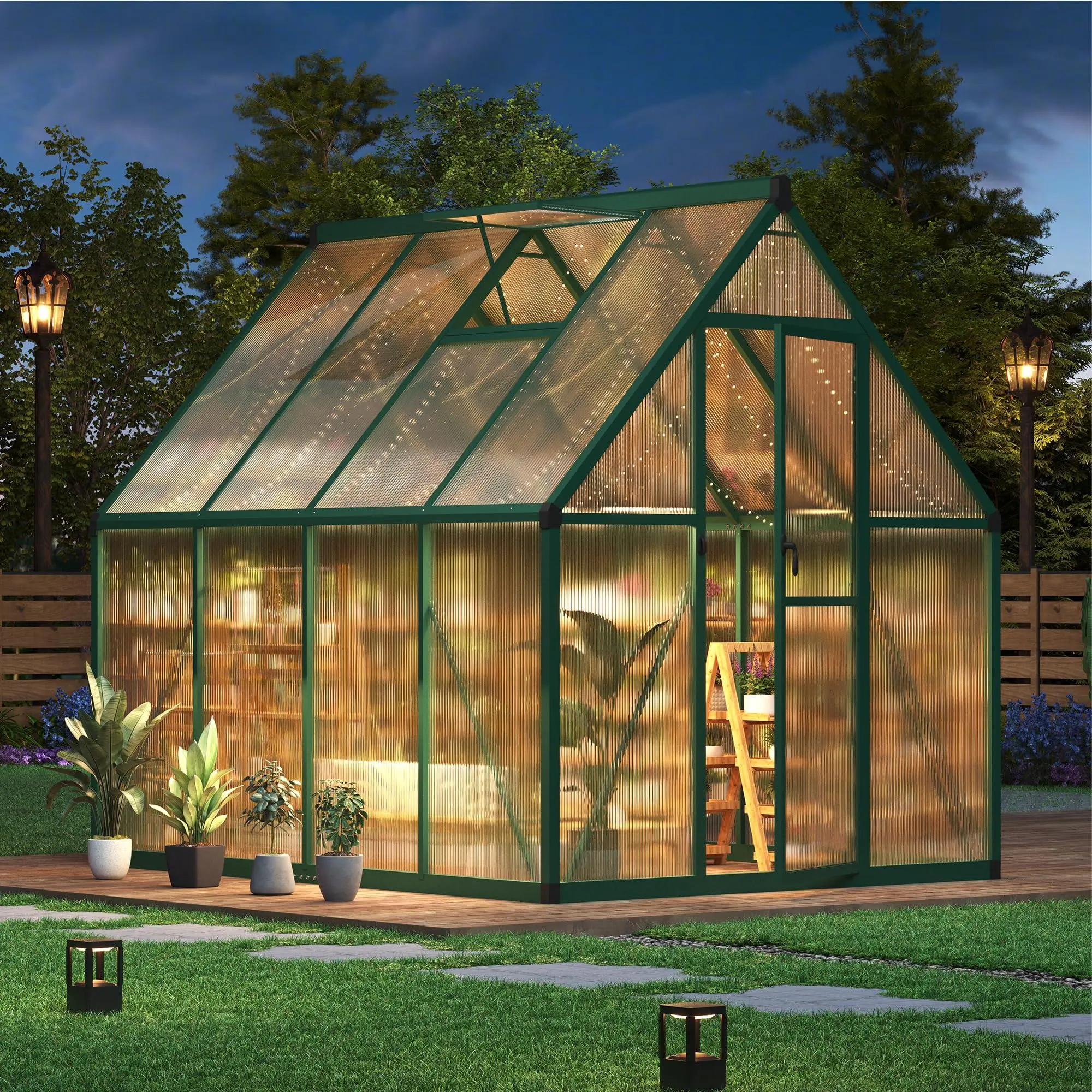 Gaomon 6x7 FT Heavy Duty Greenhouse (66.54" W x 88.19" D x 77.2" H), Outdoor Walk-In Polycarbonate Growing Kit with Enhanced Aluminum Frame, Lockable Push Door, Flexible Fixing Methods, Assembly Required Outdoor Furniture, Gardening, Natural Light