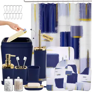 Bathroom Accessories Set - 25 count Bathroom Set with Shower Curtain and Rugs, Blue Bathroom Set, Bathroom Accessory Set with Press- Lid Trash Can, Soap Dispenser and Qtip Holders