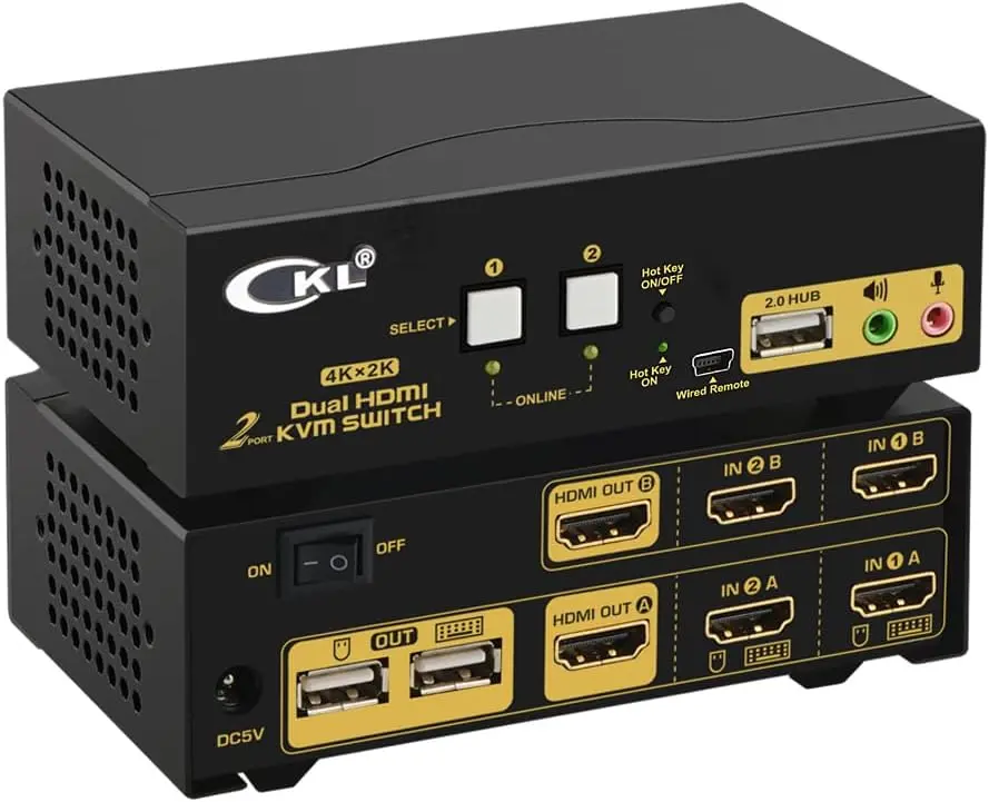 CKL 2-Port Dual Monitor HDMI KVM Switch - Dual PC/Laptop Control, 4K@30Hz, Extended/Mirror Display, USB 2.0 Hub, Audio/Mic, Hotkey Mouse Click Button Remote, Plug-and-Play Windows Mac Linux (CKL-922HUA)
