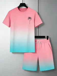 Summer Vacation Style Men's 2 Piece Set, Gradient Palm Tree Print Crew Neck T-Shirt & Shorts, Breathable Beach Outfit