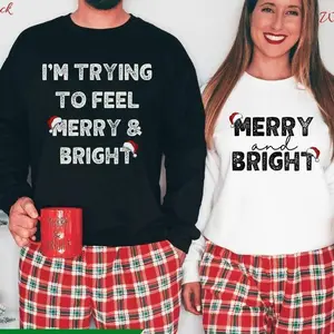 Funny Matching Couple Christmas Sweatshirts, I’m Trying to Feel Merry and Bright Duo Sweater Set, Cute Xmas Gift for Him and Her, Festive Holiday Outfit for Couples - AH - LORA ATCHER