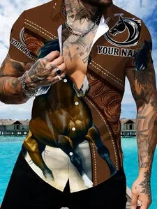 Steed Pattern Printed Men's Short Sleeve Shirt, Summer Casual Button Up Lapel Top, Custom Name Style, Brown Tone Design, Unique Western Style, Collared