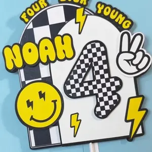 FOUR EVER YOUNG Noah 4 Cake Topper with Checkered Pattern and Lightning Bolt Design for Kids Birthday Party Decorations