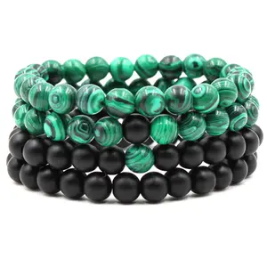 Unisex Classic Black-Matte Green Round Shape Malachite Bead Bracelet, 8cm Invisible Set Natural Crystal Jewelry, Gift Ready Trendy Fashion Strand