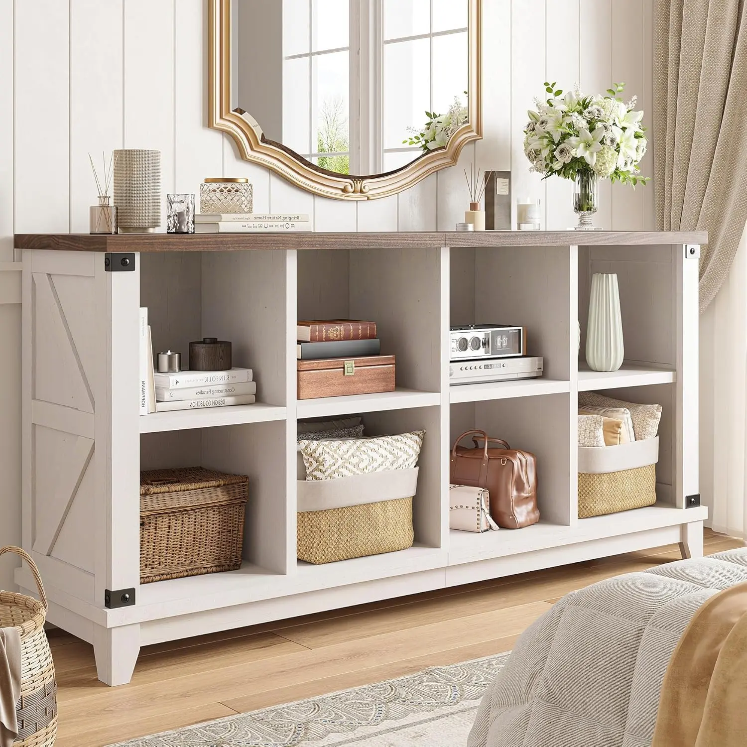 Raybee Furniture 6 8 9-Cube Bookshelf, Modern Farmhouse Wood Storage Organizer Bookcase, Space-Saving Storage Bookshelves & Bookcases, Modern Wide Console Closet Bookshelf, Display Cabinet Book Case TV Stand for Living Room, Bedroom, Home Office Display