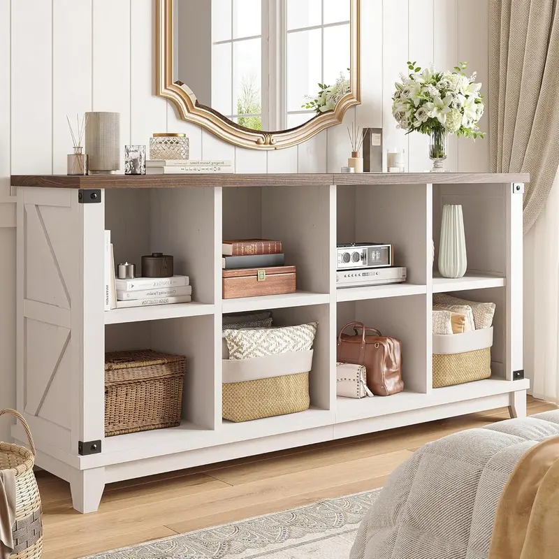 Raybee Furniture 6 8 9-Cube Bookshelf, Modern Farmhouse Wood Storage Organizer Bookcase, Space-Saving Storage Bookshelves & Bookcases, Modern Wide Console Closet Bookshelf, Display Cabinet Book Case TV Stand for Living Room, Bedroom, Home Office Display