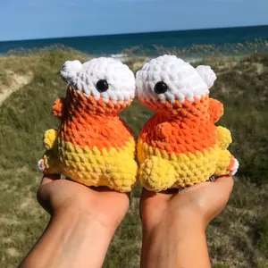 Candy corn dinosaur plushie, crochet dino plush, Halloween stuffed animal