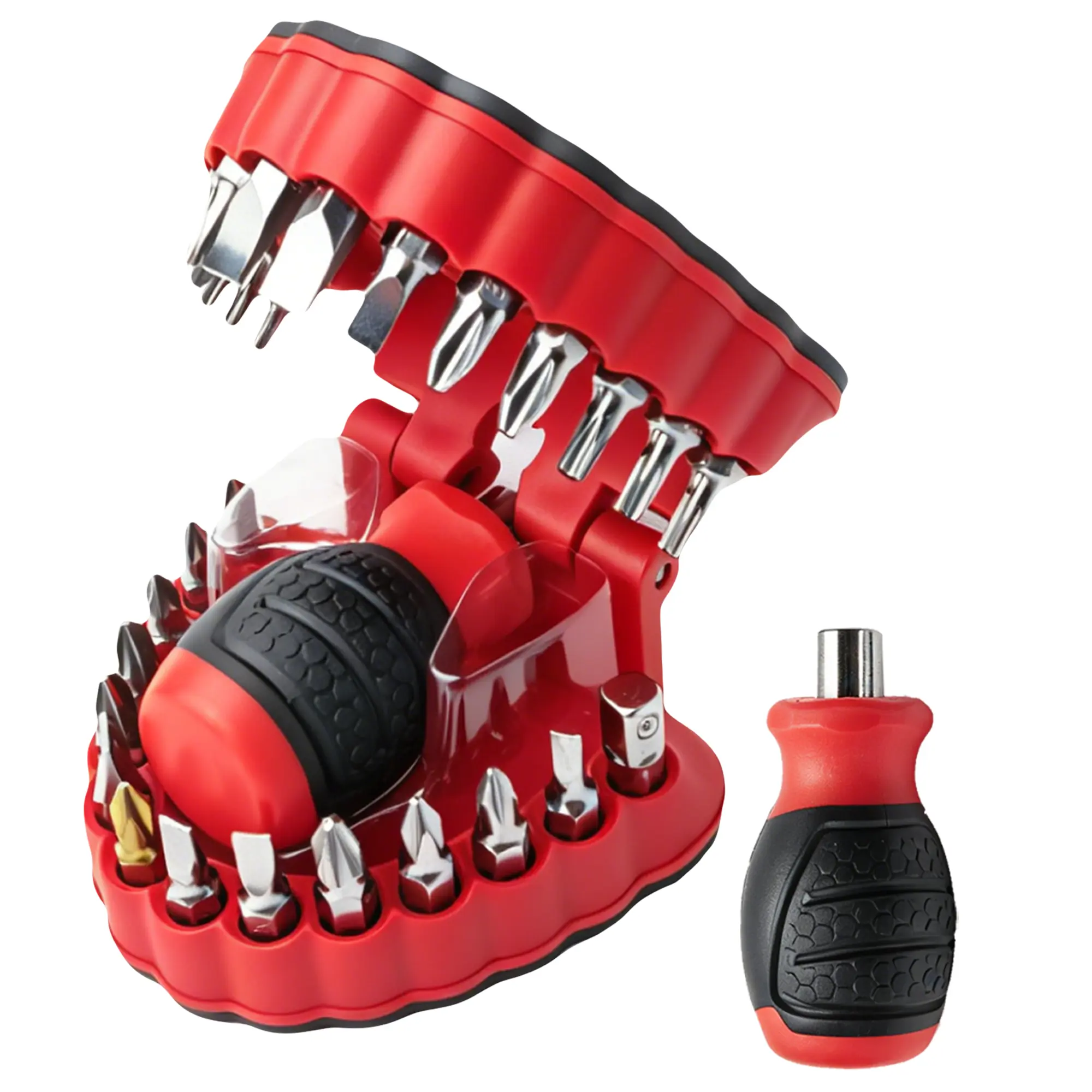 Denture Drill Bit Holder, Magnetic Tooth-Shaped Screwdriver Bit Holder, Creative Dental Jaw Drill Bit Storage Organizer with Mini Short Stubby Screwdriver for Auto Repair Household DIY, Gag Gift for Dentist, 3D Sculpture Desk Decor