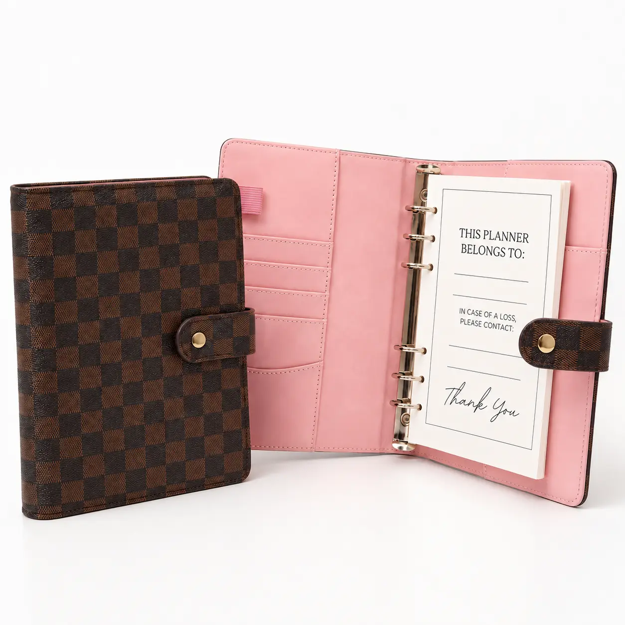 A5 Daily Planner Binder, Refillable 6-Ring Calendar Notebook with Plaid Faux Leather Cover, Snap Closure, Pink Pockets & Card Slots, Daily Organizer for Work, School, Journaling, Budgeting & Gifts