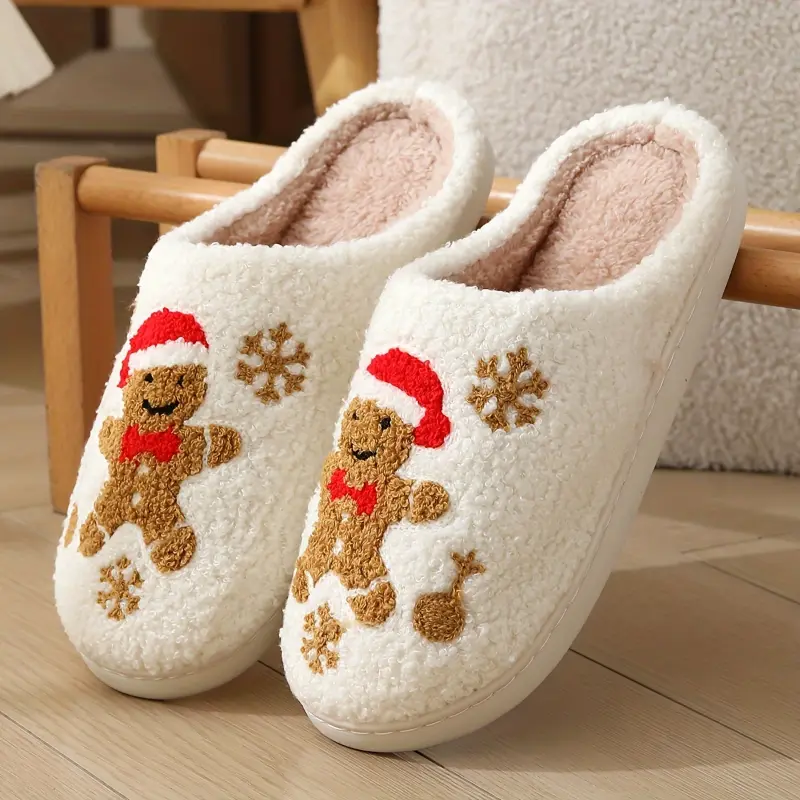 Unisex Warm Cotton Slippers, 2024 New Style, Half-Boot, Non-Slip, Thick Sole, Cartoon Gingerbread Design, Indoor Home Slipper for Men and Women, Fabric Outer, Fabric Lining, TPR Sole, Round Toe, Casual Daily Wear