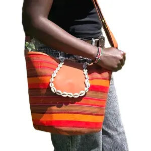African Crossbody Womens Bag Purse Kenyan with Shell Handle and Striped Design