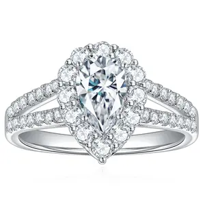 [TW] "Leo" Partial Synthetic Moissanite 1 Carat 1ct Pear Cut Tear-drop Shape Double Band 925 Sterling Silver Synthetic Moissanite Ring (JR9860)