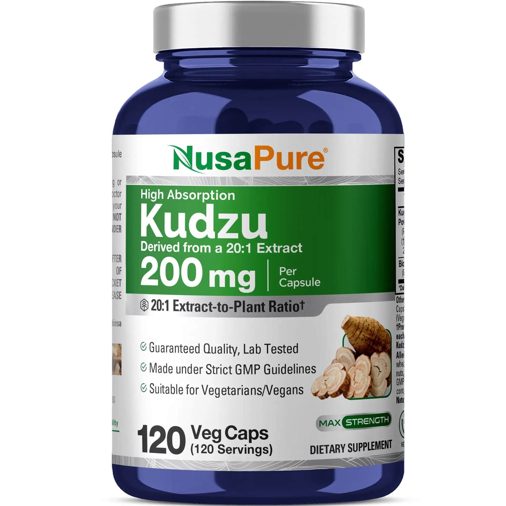 NusaPure Kudzu Root 20:1 Extract Herbal Supplements - 200mg, 120 Veggie Capsules, Hormonal Balance Support, Non-GMO, Vegan, Bioperine Plant Based Dietary Supplement, Plant Based Supplement