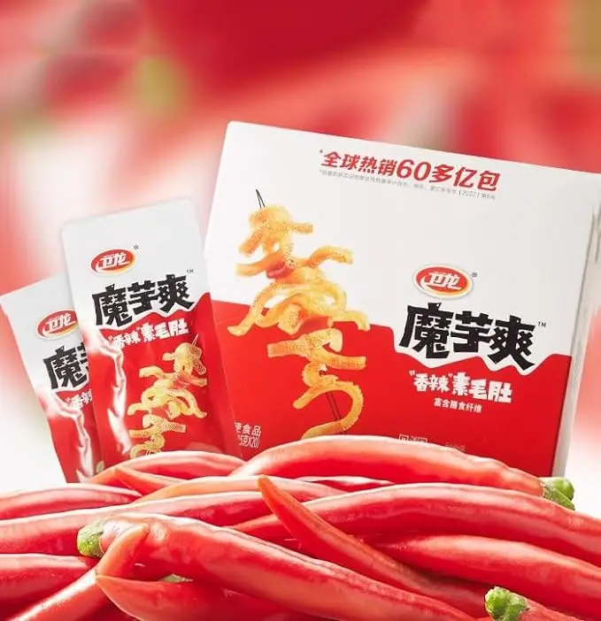 WEI LONG Konjac Flour Snacks, Garlic Flavor Moyushuang Spicy Strips, 360g Box (20 Packs), Low Calorie, Low Fat, High Fiber, Guilt Free Healthy Snack, Guilt Free Snack