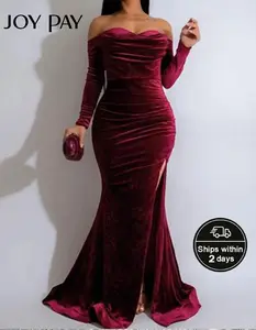 JOYPAY Glamorous Women's Velvet Off-Shoulder Evening Gown with High Slit Fabric Formal Ruched Detail Long Sleeve Floor-Length Design
