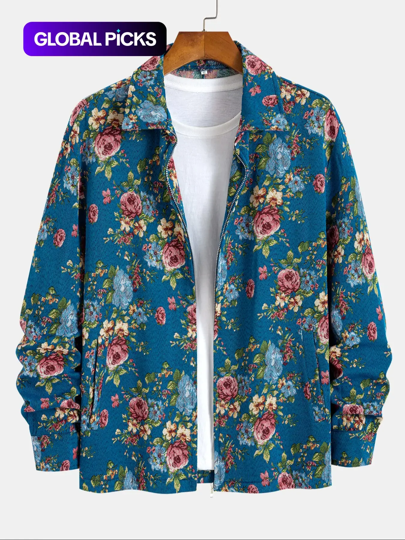 Men's Floral Print Button Zipper Loose Fit Jacket, Zip Up Jackets, Loose Casual Long Sleeve Collared Outerwear for Fall & Winter, Zip Up Coats, Men's Clothes for Daily Wear, Casual Fashion Jacket, Casual Outerwears