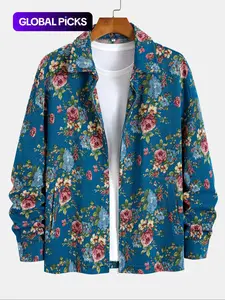 Men's Floral Print Button Zipper Loose Fit Jacket, Zip Up Jackets, Loose Casual Long Sleeve Collared Outerwear for Fall & Winter, Zip Up Coats, Men's Clothes for Daily Wear