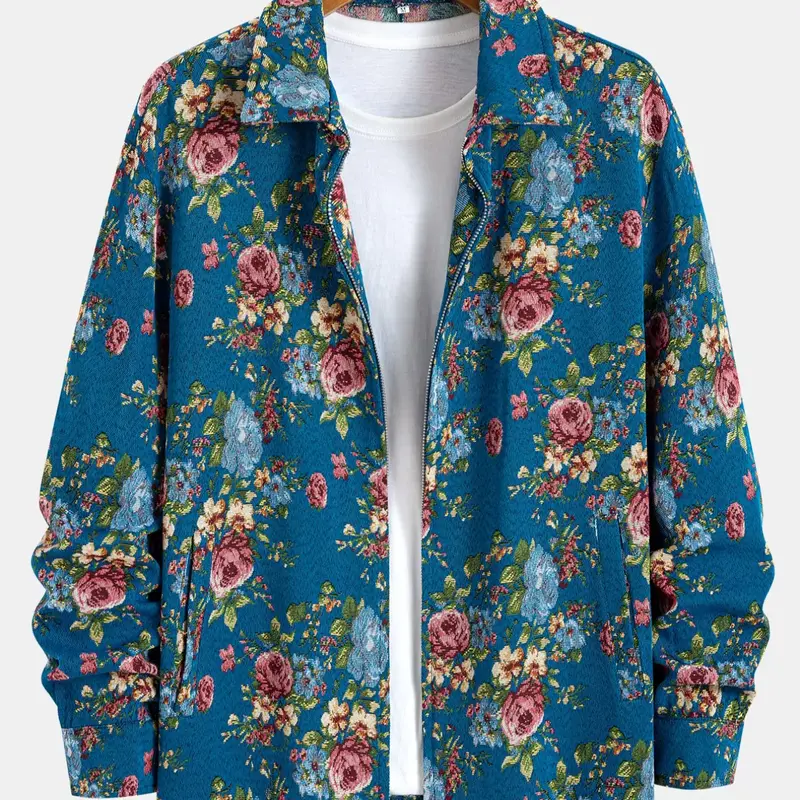 Men's Floral Print Button Zipper Loose Fit Jacket, Zip Up Jackets, Loose Casual Long Sleeve Collared Outerwear for Fall & Winter, Zip Up Coats, Men's Clothes for Daily Wear, Casual Fashion Jacket, Casual Outerwears #GLOBAL PICKS
