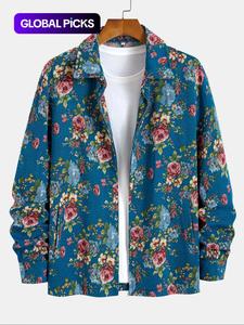men's floral print button zipper jacket, loose casual long sleeve collared neckline outerwear for fall & winter, men's clothes for freedom of movement daily wear, mens clothing, jackets for men, coat, longsleeves, menswear, loose fit