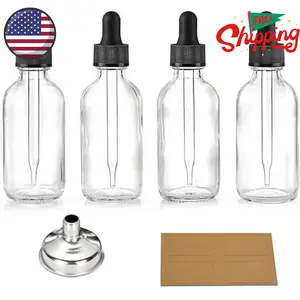 4 Pcs, 2 oz Clear Eye Dropper Bottles with 1 Stainless Steel Funnels & 4 Labels - Black Caps 60ml